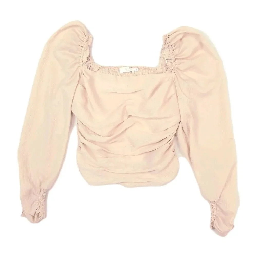 ASTR Puff Sleeve Blouse M Pink Smocked Ruched Ruffle Square Neck Pastel Coquette
